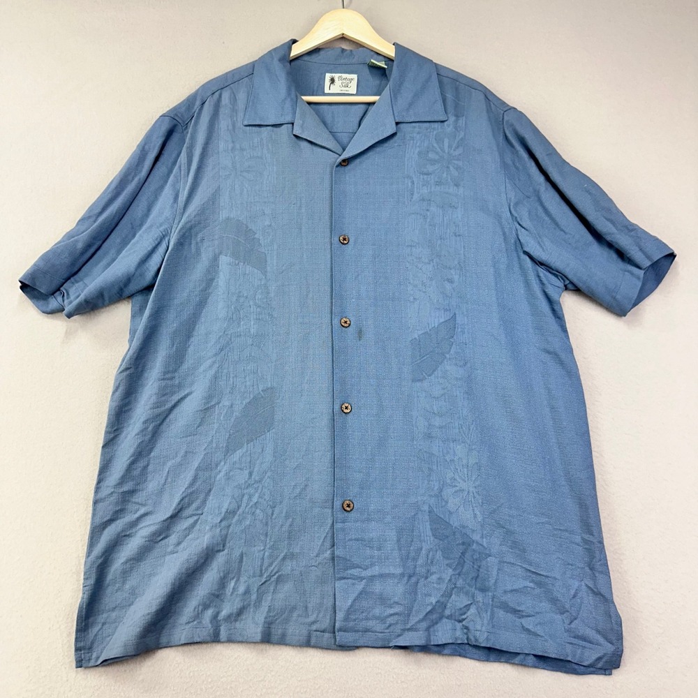 Vintage Silk Camp Shirt Mens XL Blue Short Sleeve Leaf Pattern Button Up Beach